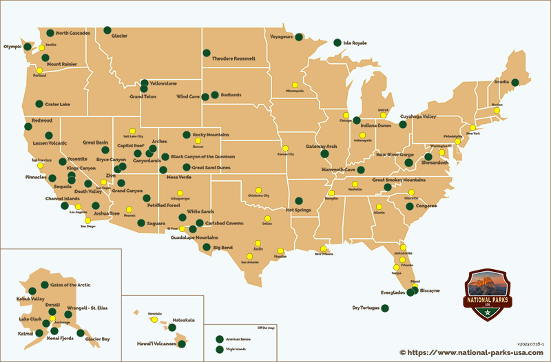 Map of National Parks and cities in the USA