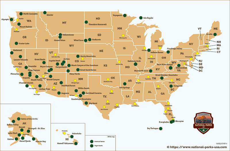 Map of National Parks, states and cities in the USA