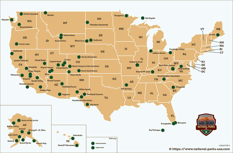 Map of National Parks and States in the USA