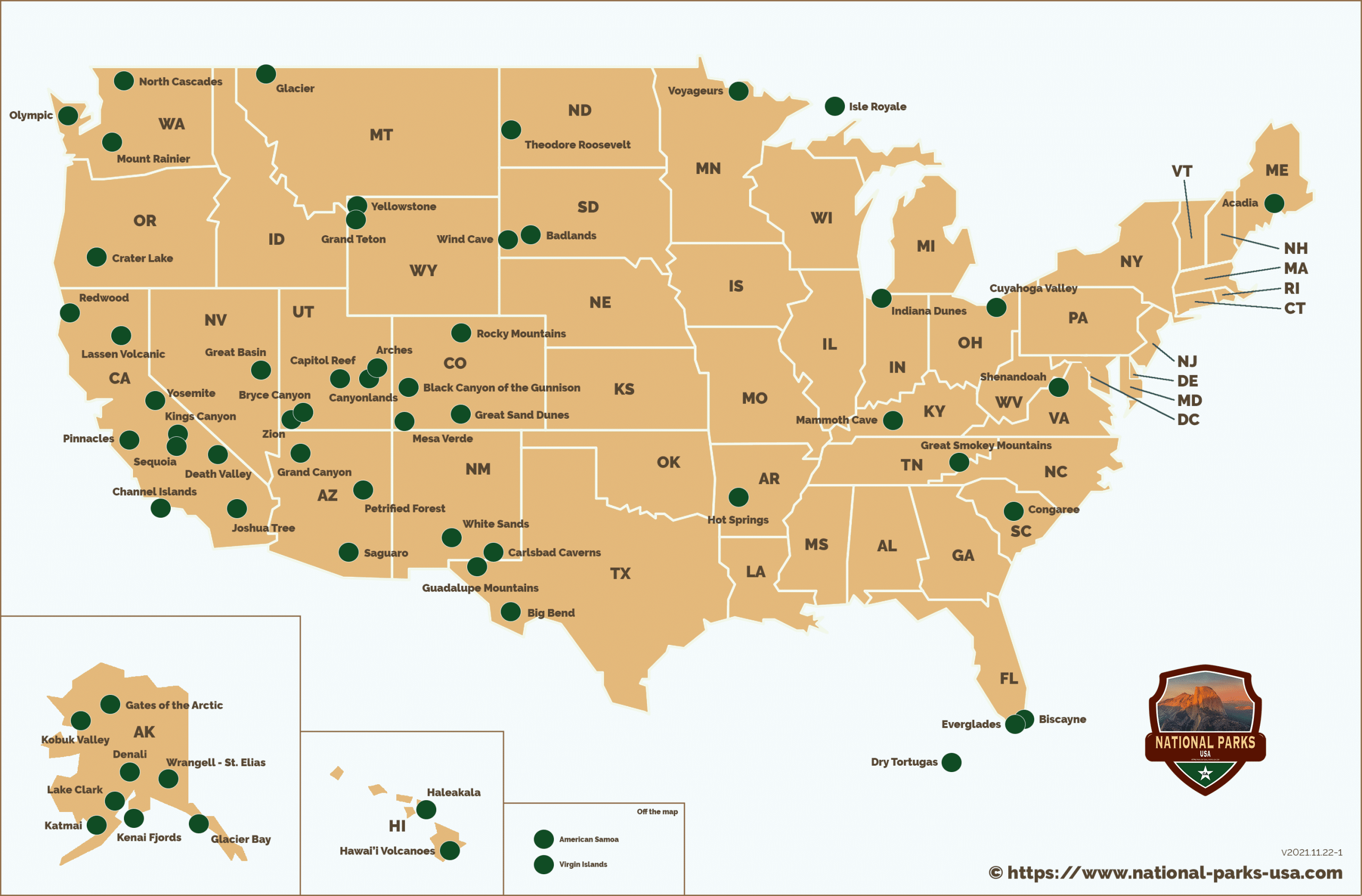 Map of National Parks and States in the USA