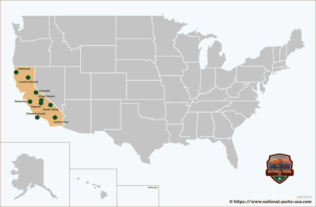 Map of California USA with all National Parks