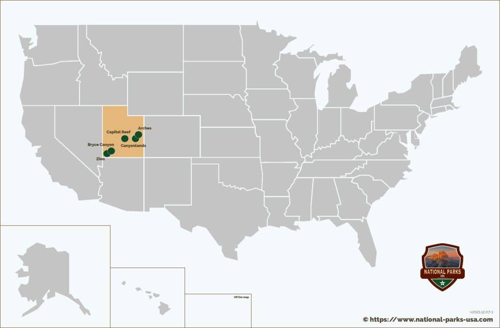 Map of Utah USA with all National Parks