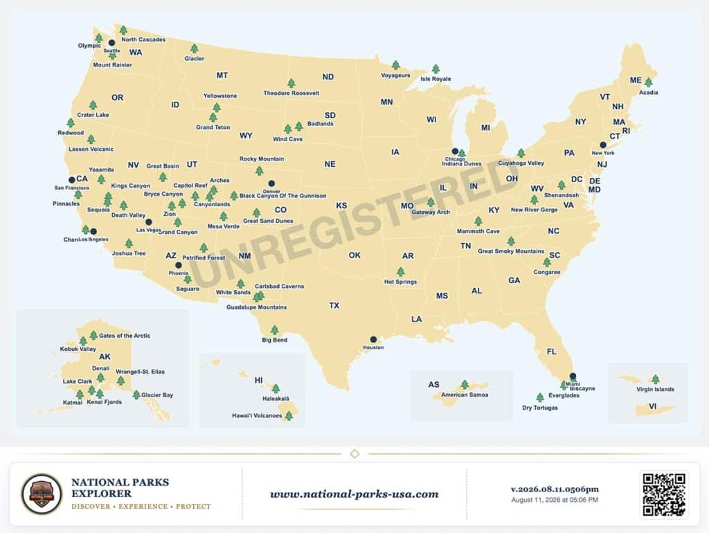 Interactive U.S. National Parks Map showing National Park locations across the United States
