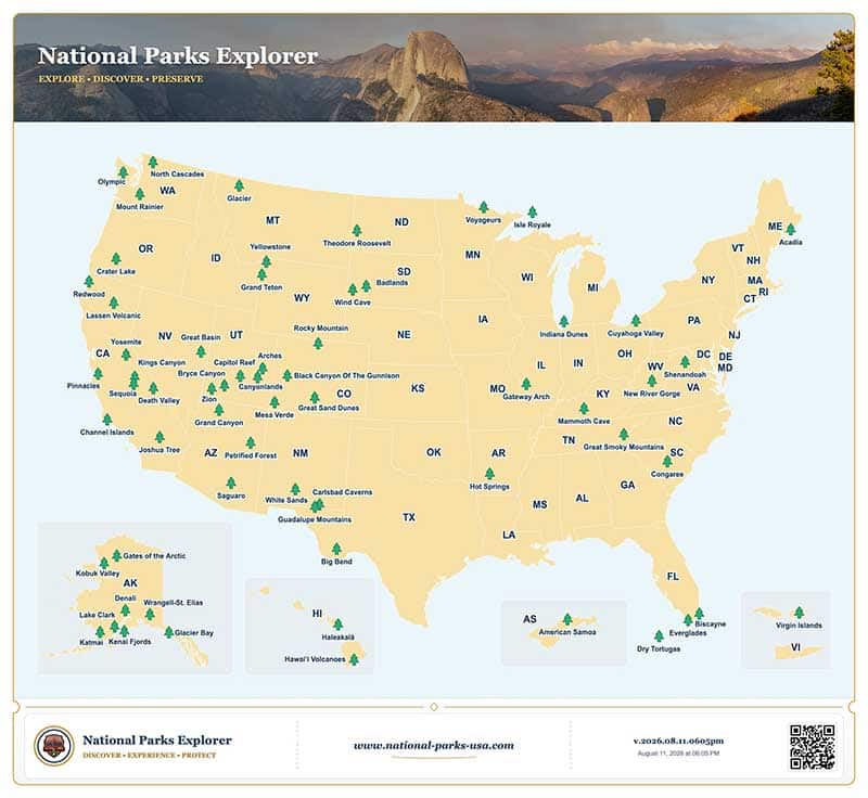 U.S. National Parks map showing National Park locations across the United States
