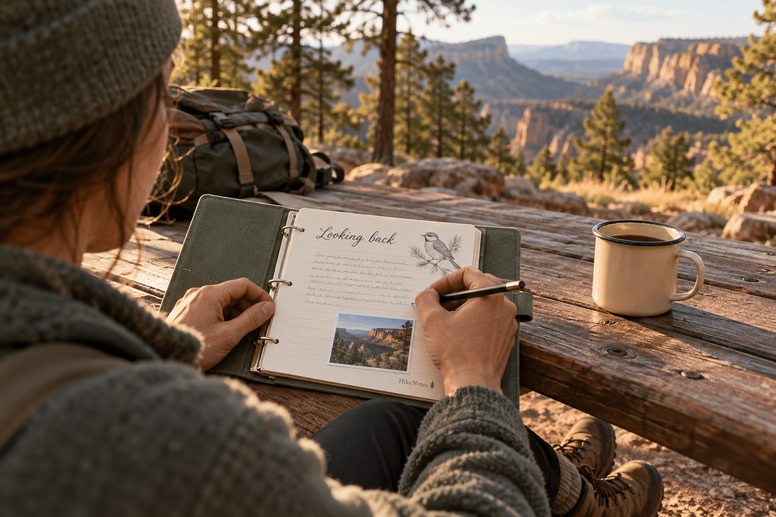 A hiker writing in a HikeNotes journal at a picnic table overlooking a canyon.