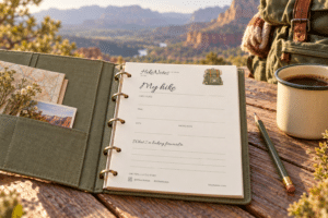 An open HikeNotes hiking journal in a sage ring binder beside a pencil and coffee mug, with canyon scenery in the background.