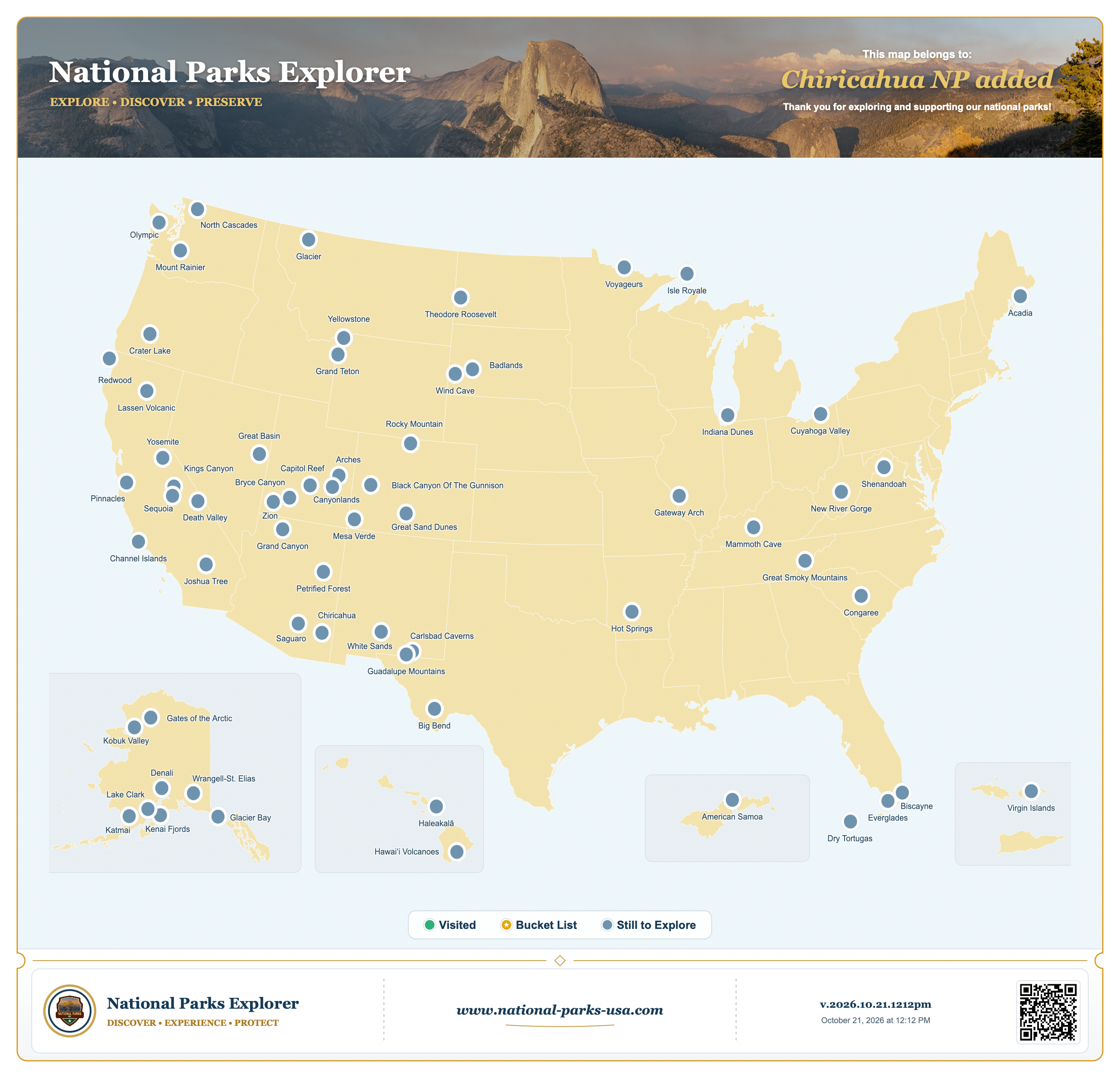 Chiricahua-NP-added-to-personal-map - National Parks USA Interactive US map showing national parks with blue pins marking park locations across the country