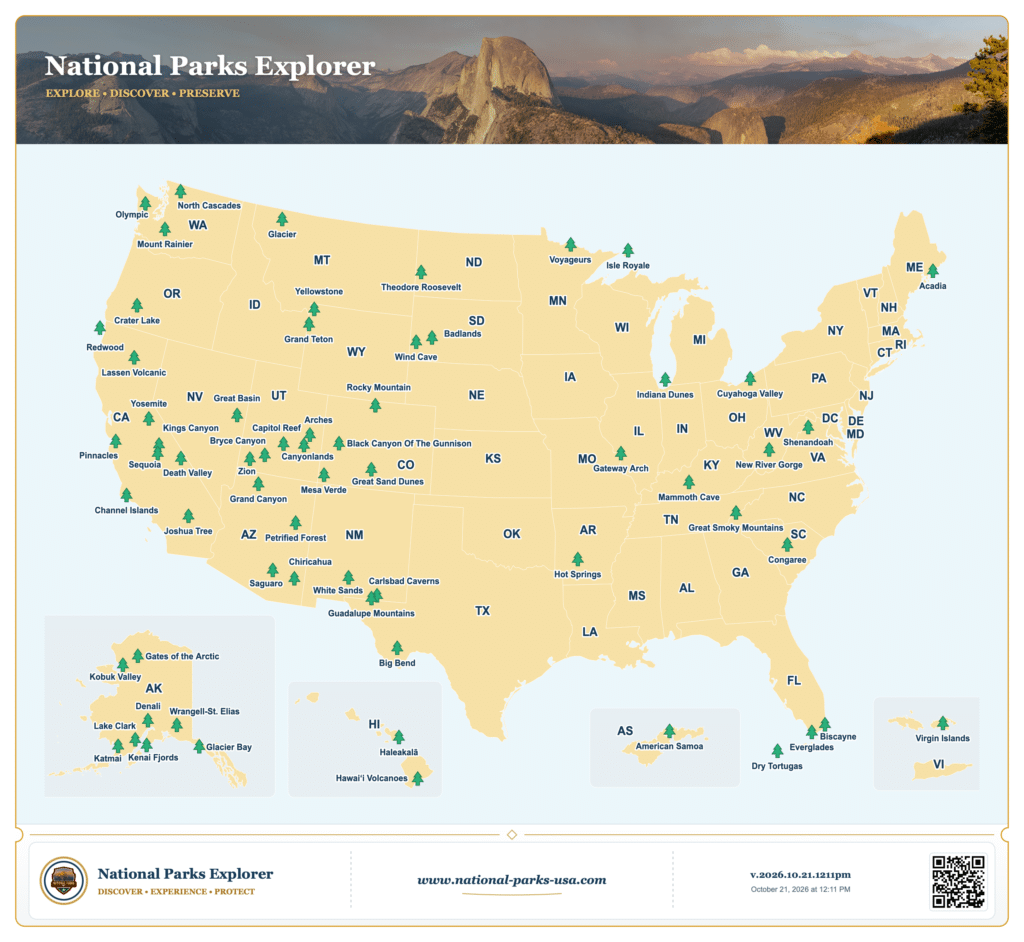 Interactive map of 64 U.S. national parks, including Chiricahua National Park in southeastern Arizona.