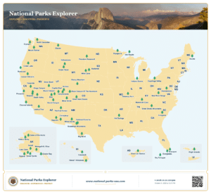 Interactive map of 64 U.S. national parks, including Chiricahua National Park in southeastern Arizona.